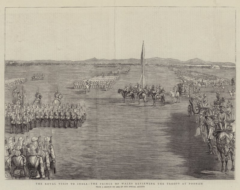 Det kongelige besøket til India, prinsen av Wales gjennomgår troppene ved Poonah av Alfred Chantrey Corbould
