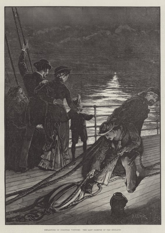 Avgang fra kolonibesøkende, det siste glimtet av Old England av Alfred Edward Emslie