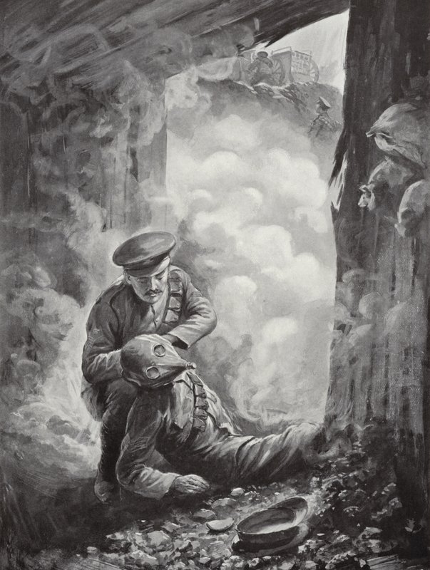 Fungerende sersjant John Raynes satte røykhjelmen på sersjant Ayres etter eksplosjonen av et gassgranat, 11. oktober 1915 av Alfred Pearse