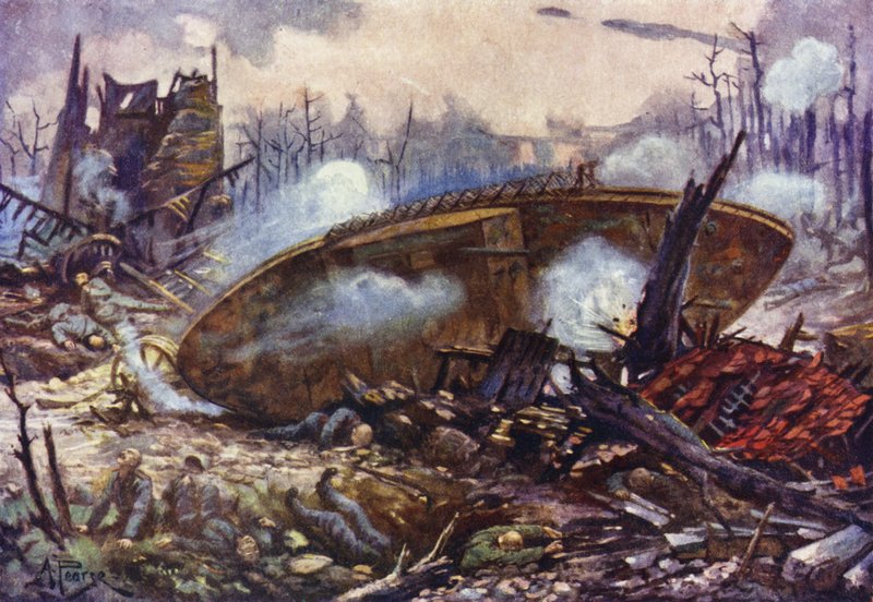 Kaptein Arthur Inglis, fra Gloucester Regiment, førte tanken sin frem over svært vanskelig grunn etter at et av hjulene hadde blåst av, første verdenskrig av Alfred Pearse
