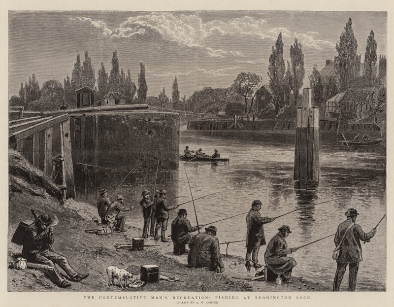 Den kontemplative mannens rekreasjon, fiske ved Teddington Lock av Alfred W. Cooper
