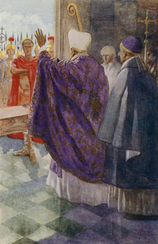 St. Ambrosius hindret den romerske keiseren Theodosius fra å gå inn i katedralen i Milano som straff for massakren i Thessalonica i 390 av Alfred Wallis Mills