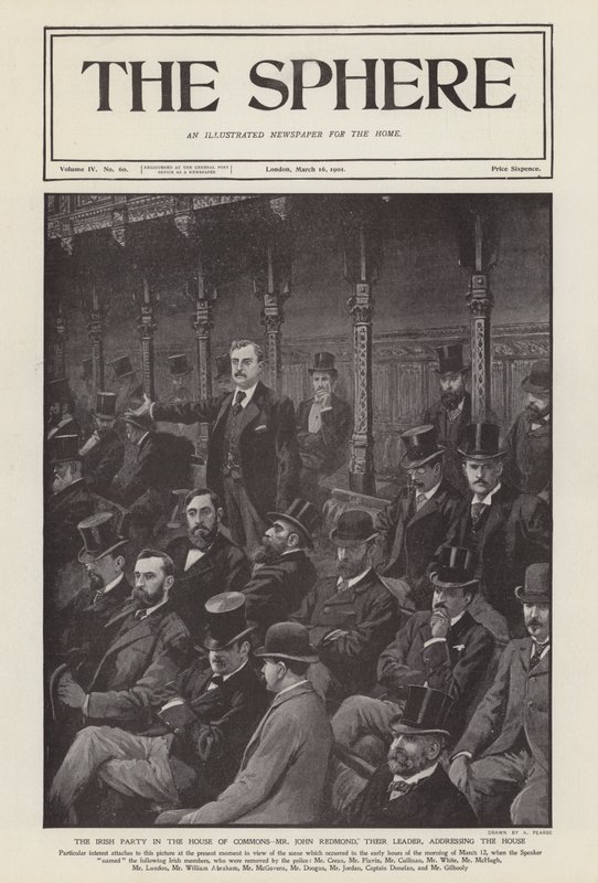 Det irske parlamentsmedlemmet John Redmond taler til Underhuset (litho) av Alfred (after) Pearse