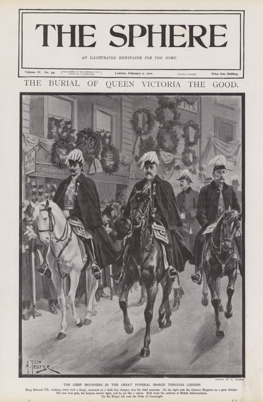 De viktigste sørgende ved begravelsesprosesjonen til dronning Victoria gjennom London (litho) av Alfred (after) Pearse