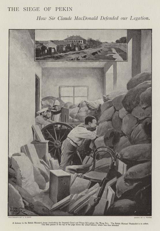 Forsvaret av den beleirede britiske legasjonen i Peking under Boxer Rebellion (litho) av Alfred (after) Pearse