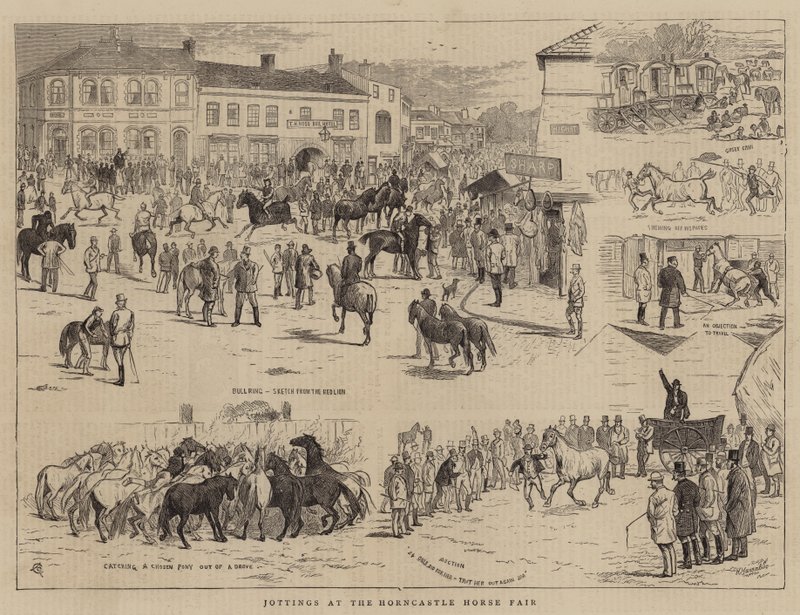 Tegninger på Horncastle Horse Fair av Alfred Chantrey Corbould