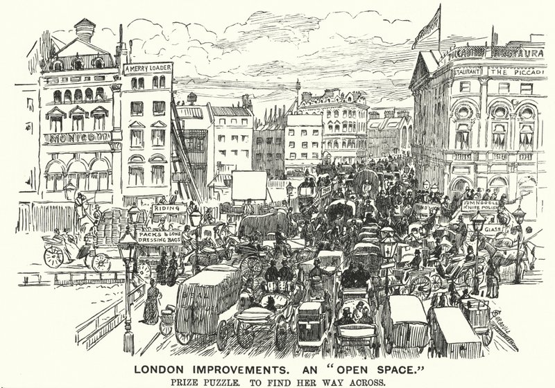 Punch tegneserie: London Improvements. En "Open Space" - trafikkbelastning i viktorianske London (gravering) av Alfred Chantrey Corbould