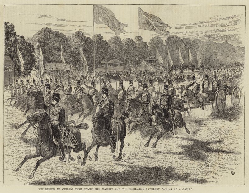 Anmeldelsen i Windsor Park før Hennes Majestet og Sjahen, artilleriet som passerer i galopp (gravering) av Alfred Chantrey Corbould