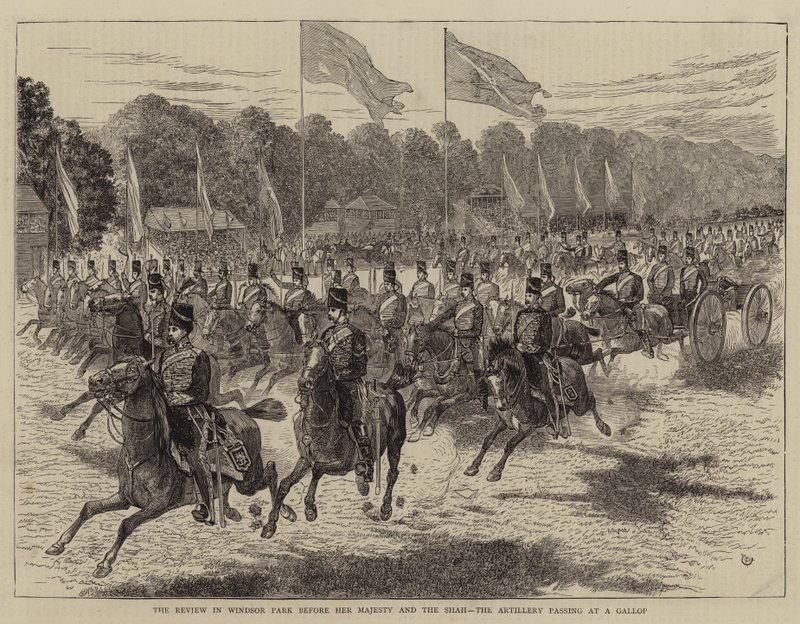 Gjennomgangen i Windsor Park før Hennes Majestet og sjahen, artilleriet passerer i galopp av Alfred Chantrey Corbould