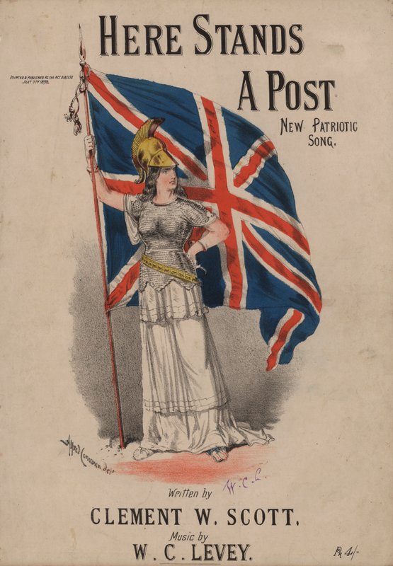 Here Stands a Post, New Patriotic Song - Britannia holder Union Jack (farge litho) av Alfred Concanen