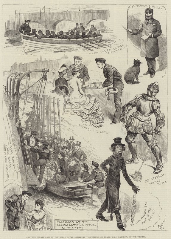 Amatørteater fra Royal Naval Artillery Volunteers, om bord på HMS Rainbow, på Themsen av Alfred Courbould