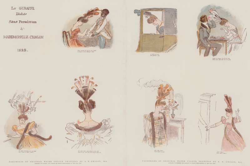 Faksimiler av originale vannfargetegninger, designet for å satirisere moten i årets kvinnelige hodekjoler 1828 (chromolitho) av Alfred Edward Chalon