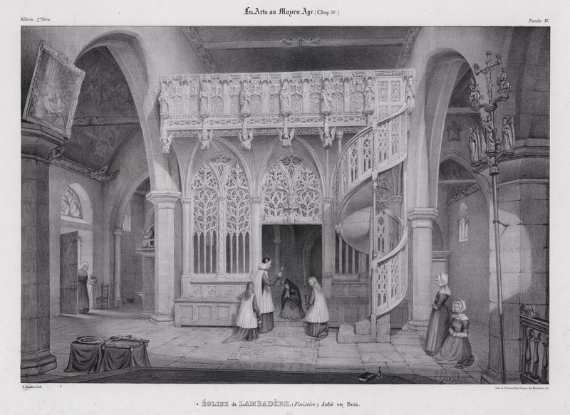 Utskåret treskjerm av kapellet i Notre Dame de Lambader, Plouvorn, Bretagne, Frankrike (litho) av Alfred Guesdon