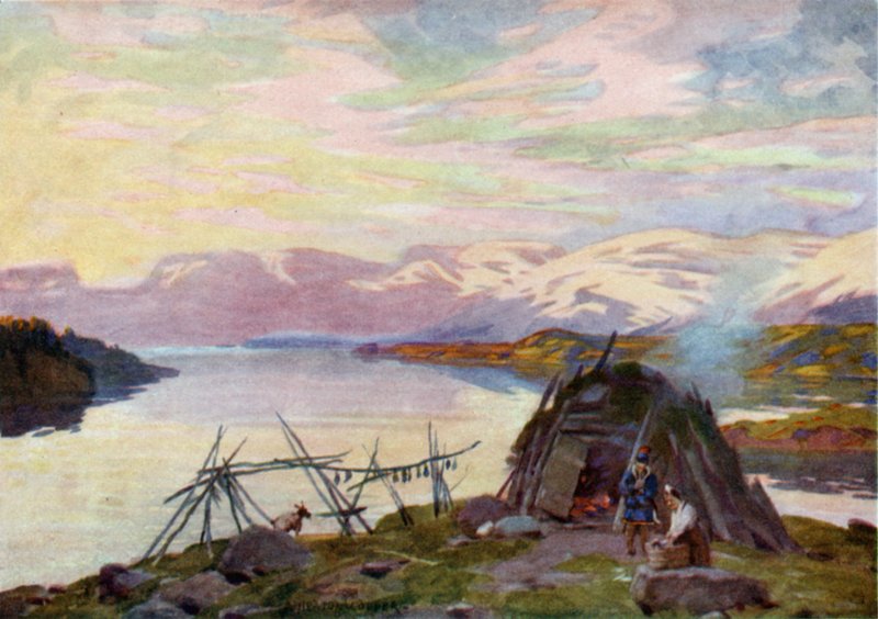 En lapphytte ved innsjøen Torne Trask, midnatt av Alfred Heaton Cooper