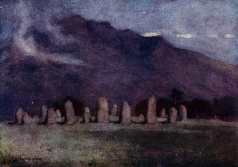 Castlerigg Stone Circle, Cumbria (farge litho) av Alfred Heaton Cooper