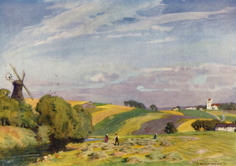 Danmark: Et typisk dansk landskap, Sønderjylland (farge litho) av Alfred Heaton Cooper