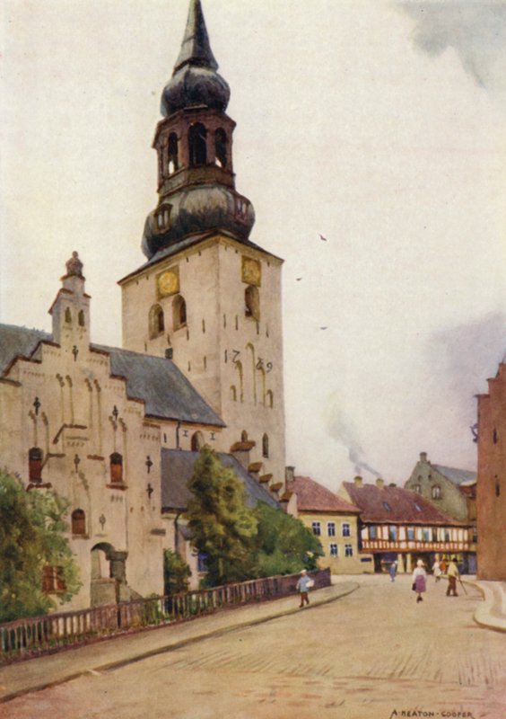 Danmark: Aalborg domkirke, Nordjylland (farge litho) av Alfred Heaton Cooper