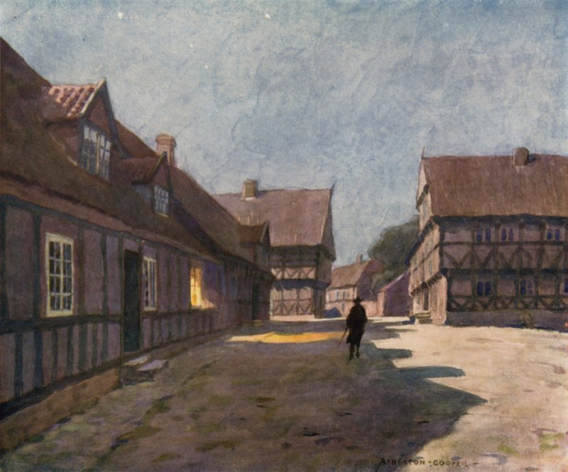 Danmark: Århus, Gamlebyen (farge litho) av Alfred Heaton Cooper