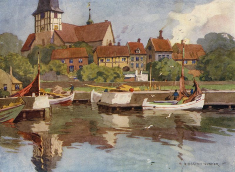 Danmark: Bornholm, Rønne havn (farge litho) av Alfred Heaton Cooper