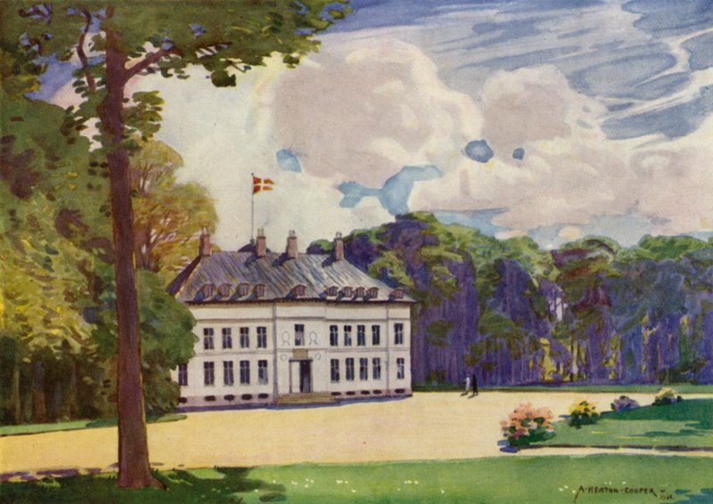 Danmark: København, Bernstorf Palace (farge litho) av Alfred Heaton Cooper