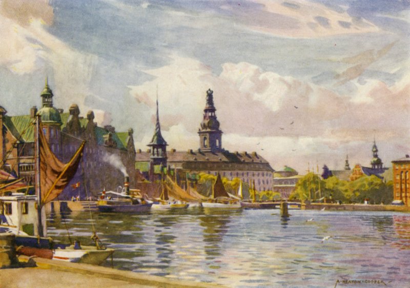 Danmark: København, Christiansborg slott (farge litho) av Alfred Heaton Cooper
