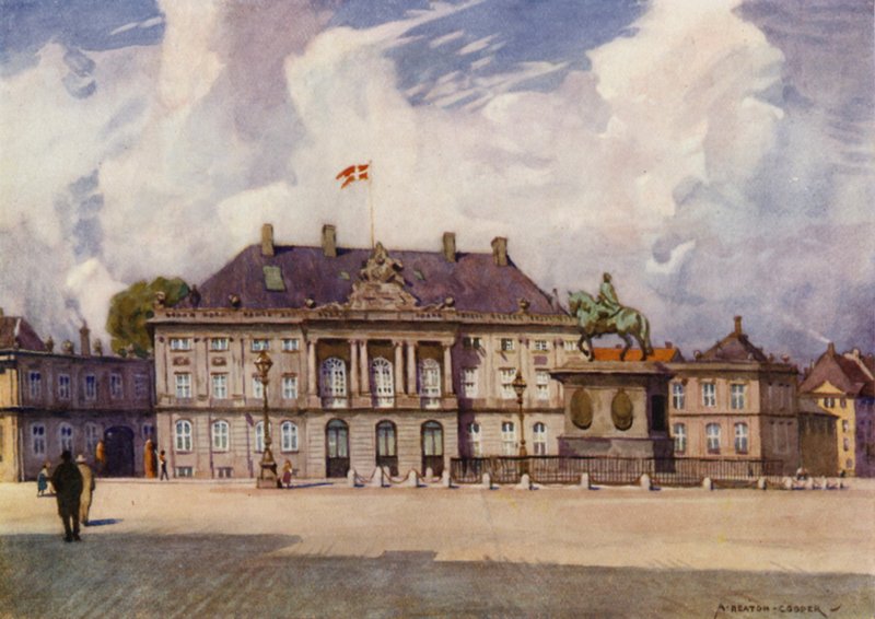 Danmark: København, Amalienborg-palasset (farge litho) av Alfred Heaton Cooper