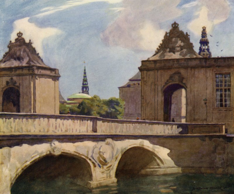 Danmark: København, Marmorbroen (farge litho) av Alfred Heaton Cooper