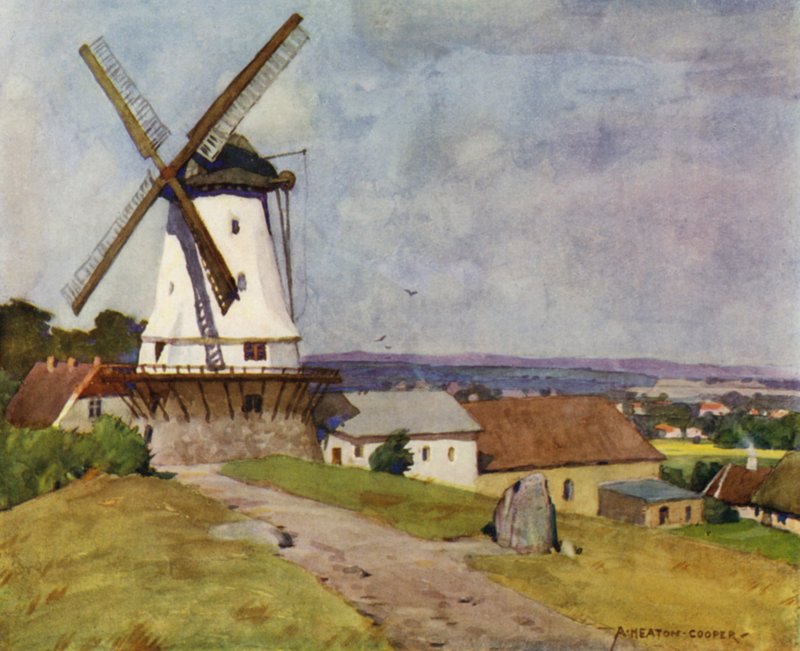 Danmark: Dybbol Mill, Sønderborg, på slagmarken i 1864 (farge litho) av Alfred Heaton Cooper