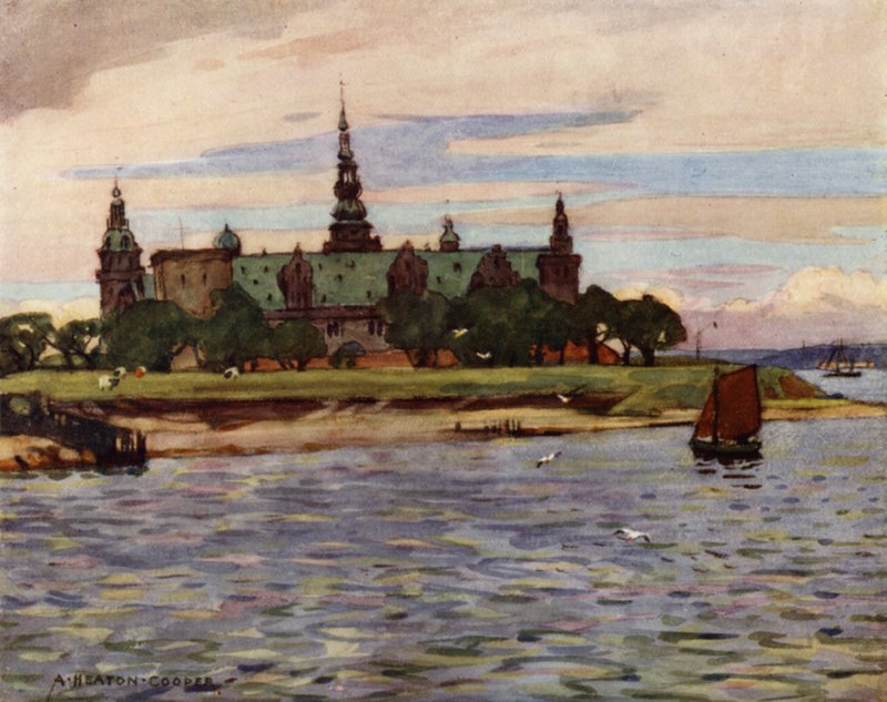 Danmark: Helsingør, Kronborg slott (farge litho) av Alfred Heaton Cooper
