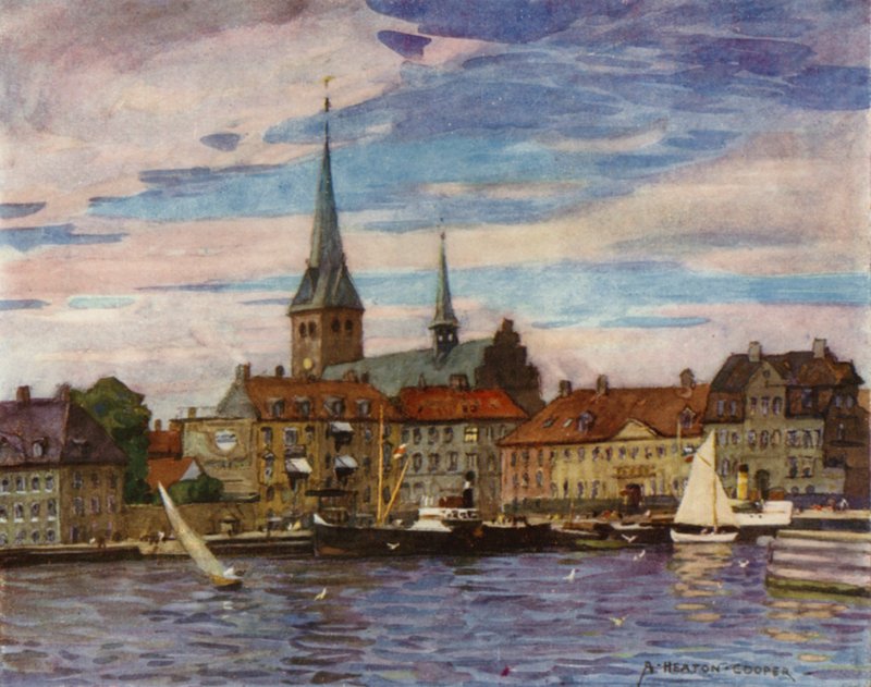 Danmark: Helsingør, "Helsingør" til Shakespeare (fargemedlemmer) av Alfred Heaton Cooper