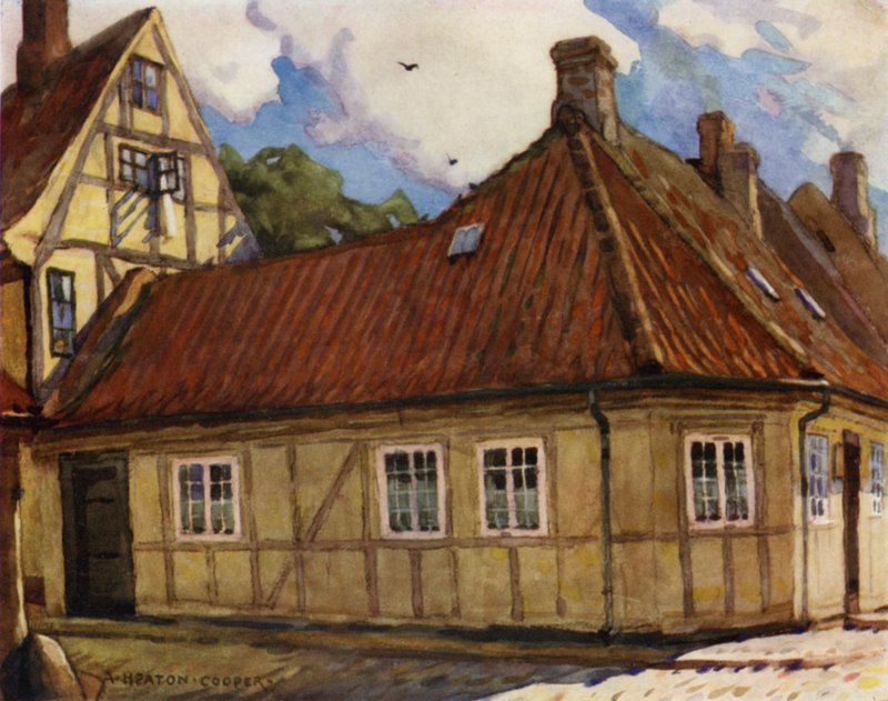 Danmark: Odense, fødestedet til Hans Andersen (farge litho) av Alfred Heaton Cooper