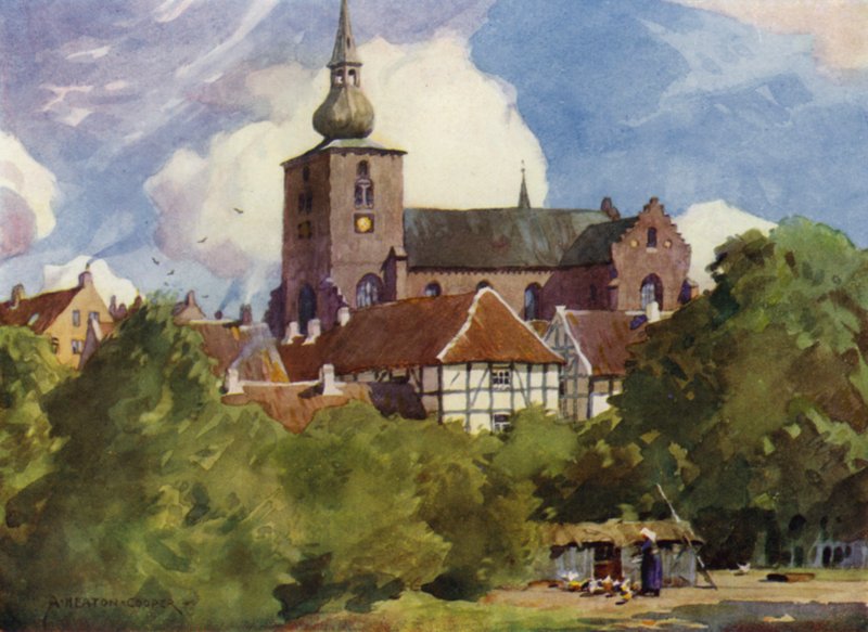 Danmark: Randers kirke, Nordjylland (farge litho) av Alfred Heaton Cooper