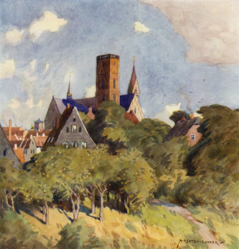 Danmark: Ribe, en middelalderby i Nord-Slesvig (farge litho) av Alfred Heaton Cooper