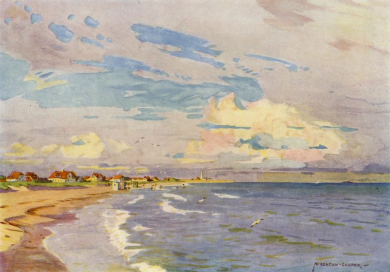 Danmark: Skagen, bading om kvelden (farge litho) av Alfred Heaton Cooper