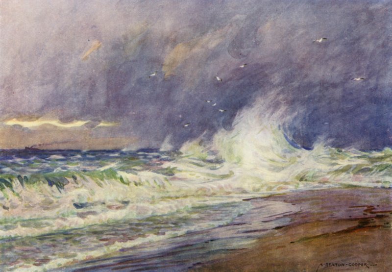 Danmark: Skagen, møtet mellom Nordsjøen og Kattegat (farge litho) av Alfred Heaton Cooper