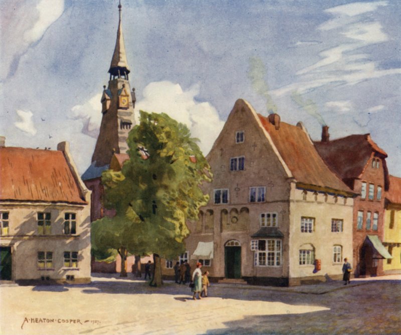 Danmark: Tonder, en middelalderby i Nord-Slesvig (farge litho) av Alfred Heaton Cooper
