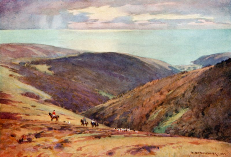 Jakt på rødhjort på Exmoor, Vale of Porlock (farge litho) av Alfred Heaton Cooper
