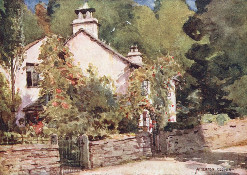 Lake District: Dove Cottage, Grasmere (fargelitografi) av Alfred Heaton Cooper