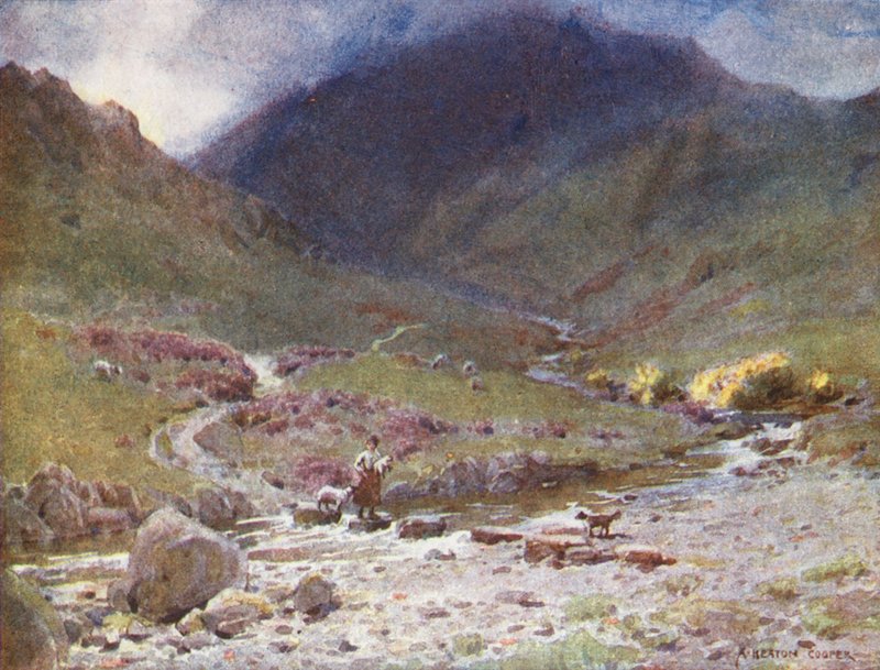 Lake District: Steppingstones, Far Easedale, Grasmere (fargelitografi) av Alfred Heaton Cooper