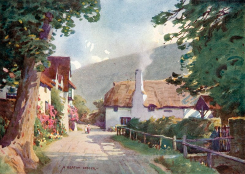 Luccombe Village (farge litho) av Alfred Heaton Cooper