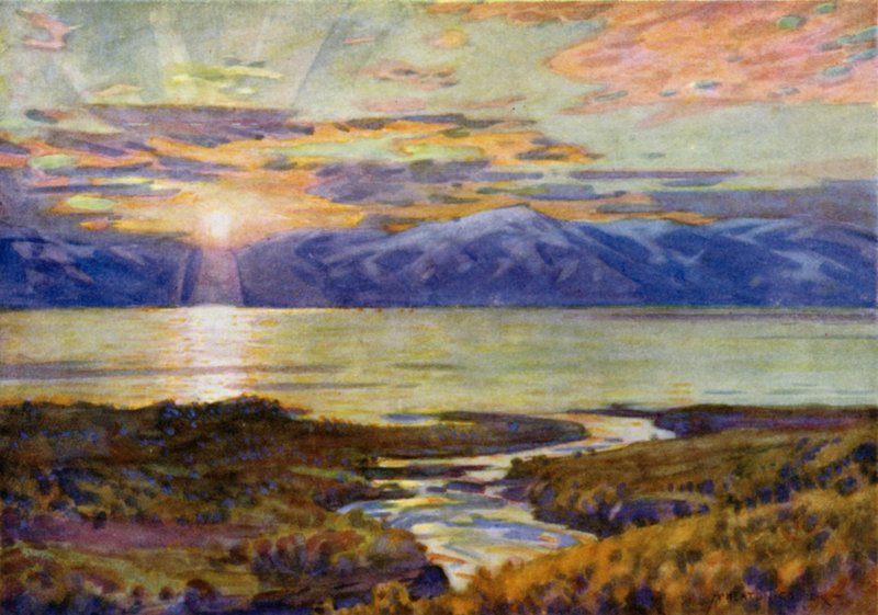 Midnattssol over innsjøen Torne Trask, fra Abisko av Alfred Heaton Cooper
