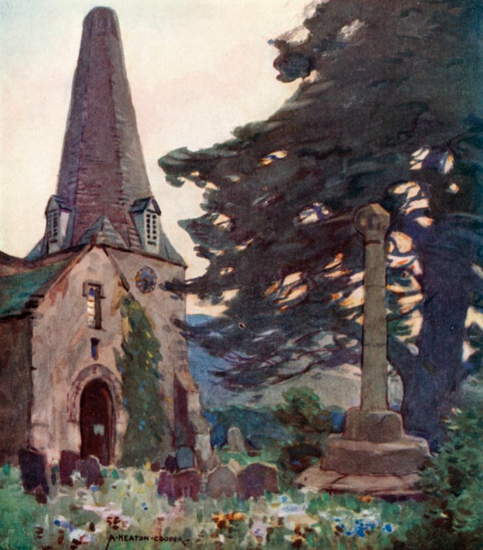 Porlock kirke og kors (farge litho) av Alfred Heaton Cooper