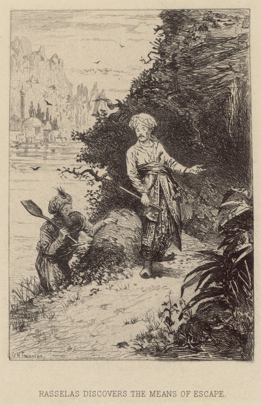 Rasselas oppdager fluktmidlene (etsing) av Alfred Holst Tourrier