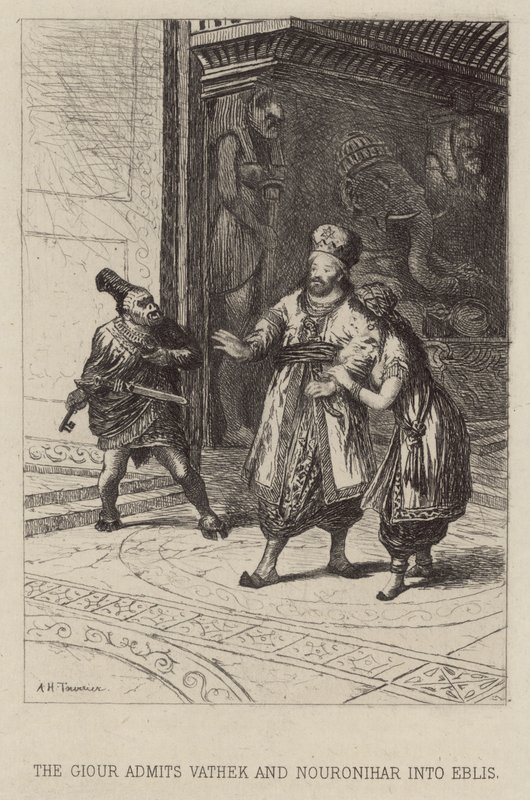 Giouren innrømmer Vathek og Nouronihar i Eblis (etsing) av Alfred Holst Tourrier