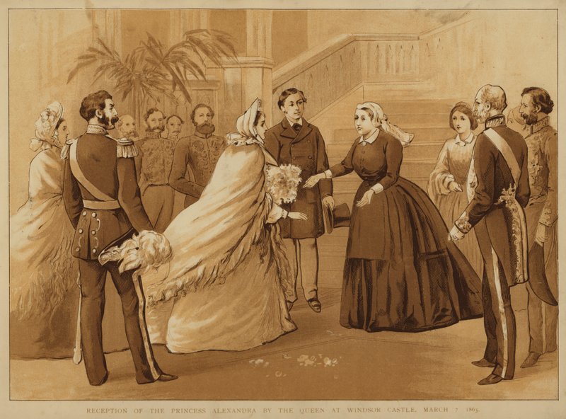 Mottakelse av prinsesse Alexandra av dronning Victoria på Windsor Castle, 7. mars 1863 (chromolitho) av Alfred Johnson