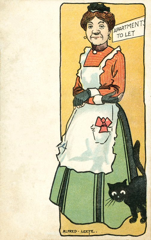 Utleier og kjæledyrkatten hennes (chromolitho) av Alfred Leete