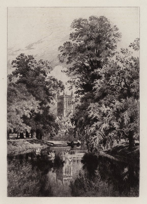 Cambridge: The Cam nær Trinity College, med Tower of St John's Chapel (radering) av Alfred Louis Brunet Debaines