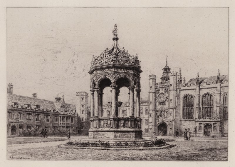 Cambridge: The Great Court of Trinity College (etsing) av Alfred Louis Brunet Debaines