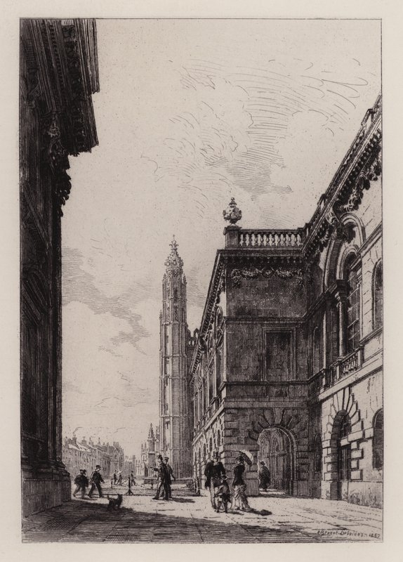 Cambridge: Senatets hus og universitetsbiblioteket (etsing) av Alfred Louis Brunet Debaines