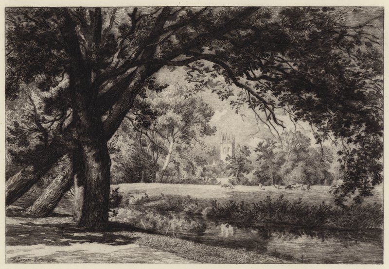 Magdalen Tower fra Christ Church Meadows av Alfred Louis Brunet Debaines